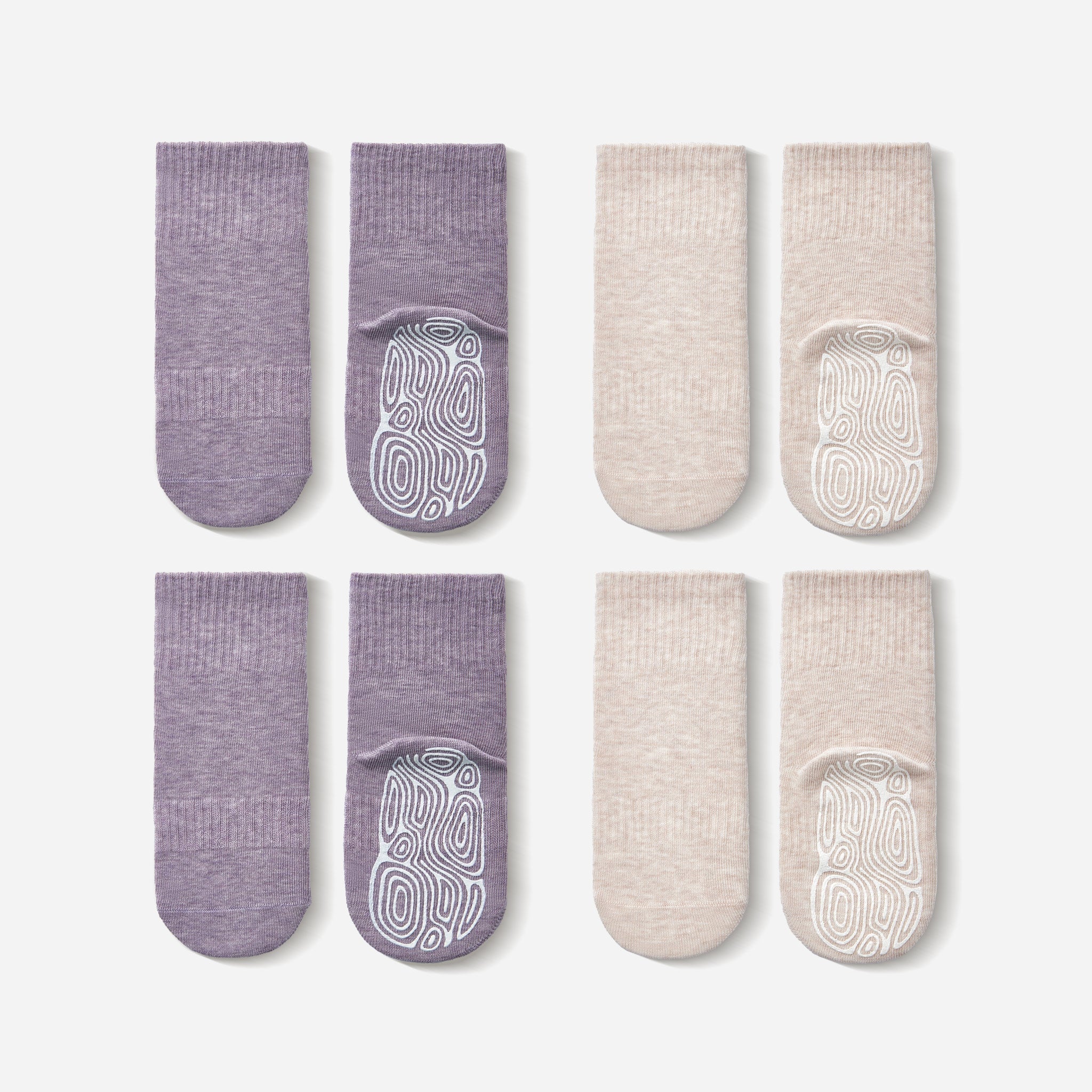 Organic Cotton Socks- Lavender & Beige- 4 Pairs of Stay-On Baby & Toddler Non-Slip Socks